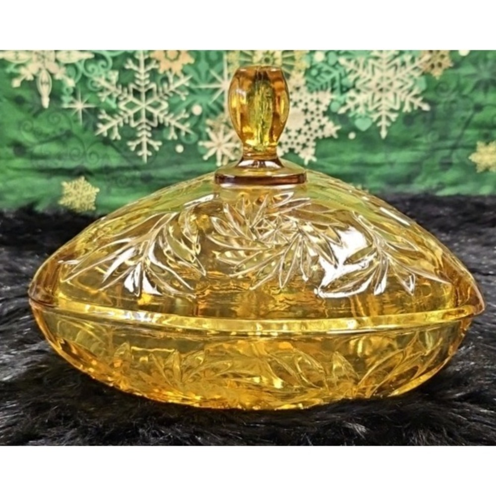 Vintage Hazel‎ Atlas Amber Triangle Covered glass Candy Dish  7"x 7"x7"